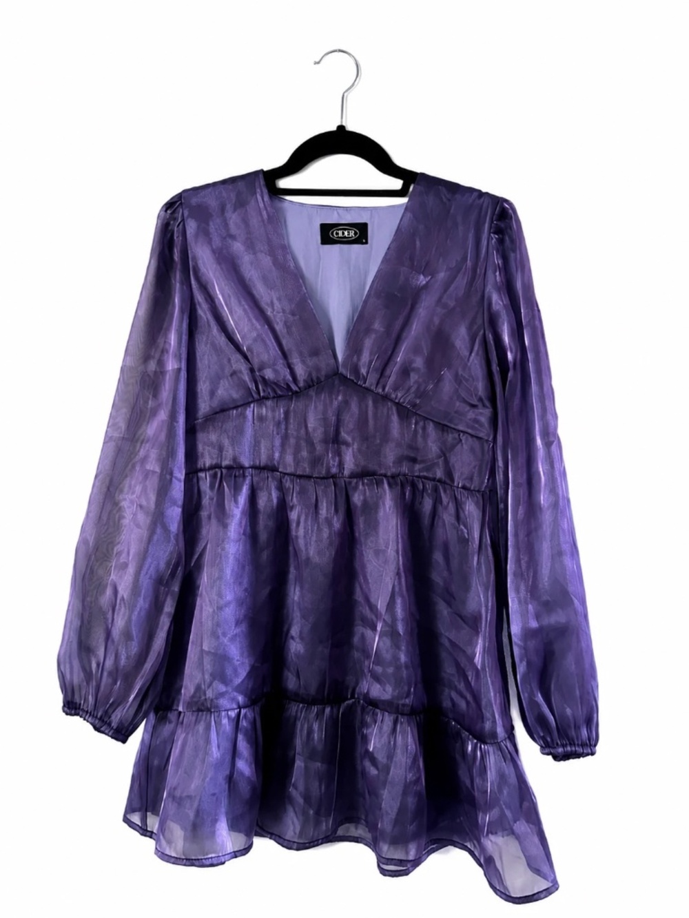 Cider Purple Organza Babydoll Mini Dress | Sheer Long Sleeve Tiered A-Line Dress - Picture 1 of 4